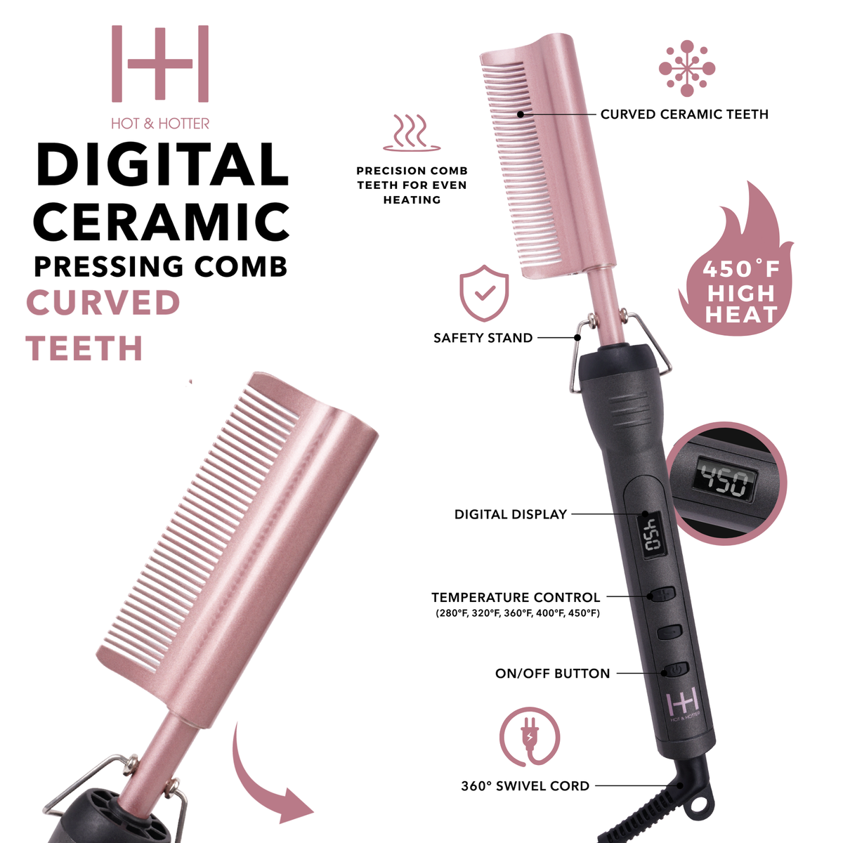 Hot & Hotter Digital Ceramic Pressing Comb Curved Teeth, 1 Count Hair Straightener, Rose Gold