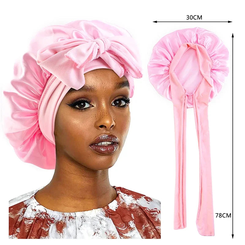 New Satin Sleeping Cap for Women Solid Wide Band Stretch Head Tie Silky Bonnet Edge Wrap Nightcap Hair Care Shower Head Cover